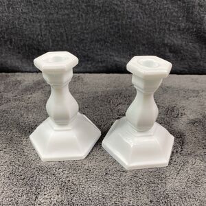 Set of 2 Tiara Style Milk Glass Candlestick Holders 3" Vintage White Taper MCM
